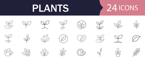 Plants set of web icons in line style. Modern vector illustrations of leaf, sprout, ecology, organic growth, gardening, seedling, nature care, eco badge, flower pot and more.