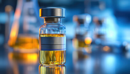 Insulin or GLP-1 injection vial on reflective surface &mdash; pharmaceutical medicine and biotechnology research concept