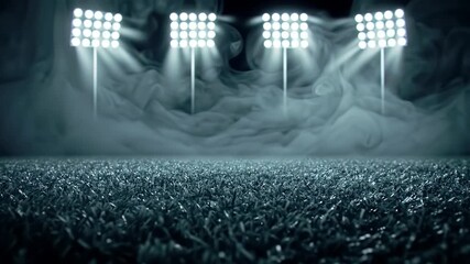 Four Tall Stadium Lights Illuminate a Misty Sports Field at Night with Dry Grass Underneath
