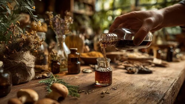 A skilled herbalist carefully pours a rich mushroom tincture into a small glass bottle highlighting the natural extraction process in a cozy apothecary setting.