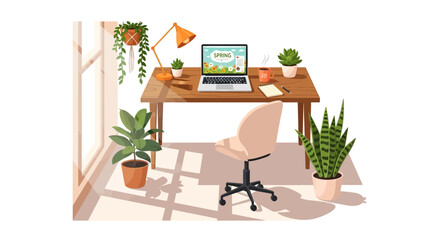 Fototapeta premium Modern remote workspace illustration with a desk and chair in a sunlit room filled with green potted houseplants