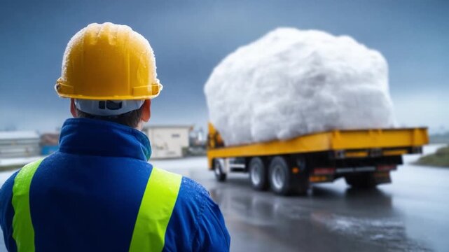 Transport of snow : A worker oversees the transport of a colossal snow mound on a flatbed truck, symbolizing the movement and management of resources and materials.