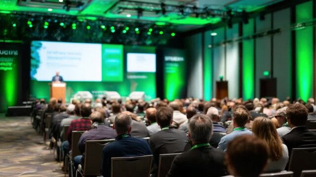 Conference in session: A wide shot captures a crowded convention hall, showcasing attendees listening intently to a presenter at the podium.