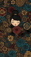 Asian woman floral pattern intricate design colorful flowers red rose blue rose gold flower black hair serene expression decorative art. beautiful Asian woman with black hair bun and serene