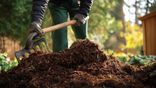 Medium shot of a gardener turning rich compost pile with a pitchfork showing soil enrichment in a backyard setting.