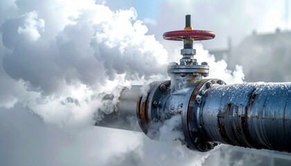 Close-up of Industrial Pipe Valve Leaking Steam or Gas Against Cloudy Sky