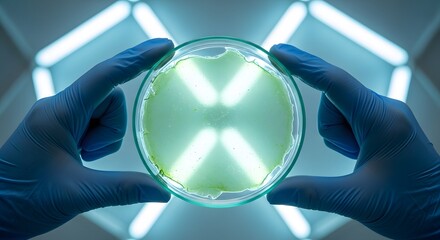 A laboratory technician holding a petri dish with glowing bacteria, illuminated by overhead lights.