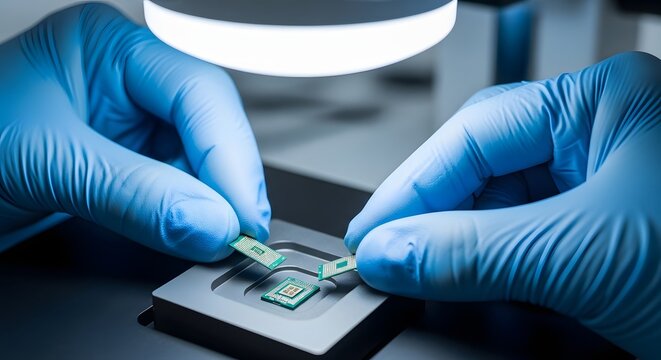 Gloved hands carefully assemble a microchip under bright light, showcasing precision and technological advancement.