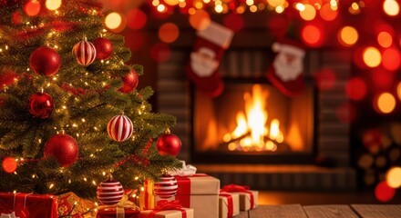 Decorated christmas tree with bright red ornaments and warm inviting lights holiday scene in cozy setting gifts with ribbons festive ambiance