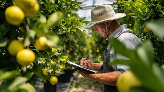 Medium shot of a horticulturist setting monthly feeding schedules for citrus plants to maintain balanced nutrient intake throughout the year.