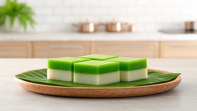 A delicious Malaysian seri muka kuih on a banana leaf plate