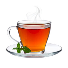 Hot cups of herbal or black tea with lemon or mint, a healthy drink in a transparent glass or white mug, isolated for breakfast