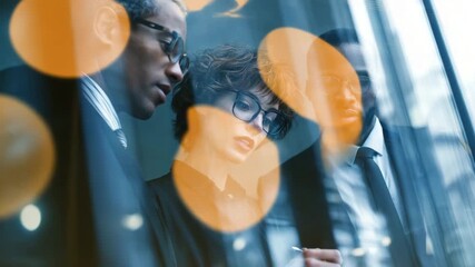 Diverse Business Professionals Collaborating in Modern Office with Digital Overlay - Powered by Adobe