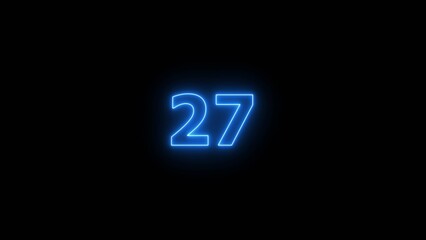 Obraz premium Glowing blue Neon number 27 on black background. 27 number countdown timer 4k image.