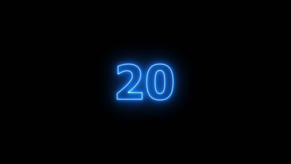 Glowing blue Neon number 20 on black background. 20 number countdown timer 4k image.