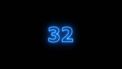 Glowing blue Neon number 32 on black background. 32 number countdown timer 4k image.