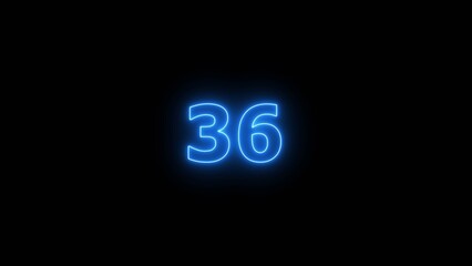 Glowing blue Neon number 36 on black background. 36 number countdown timer 4k image.