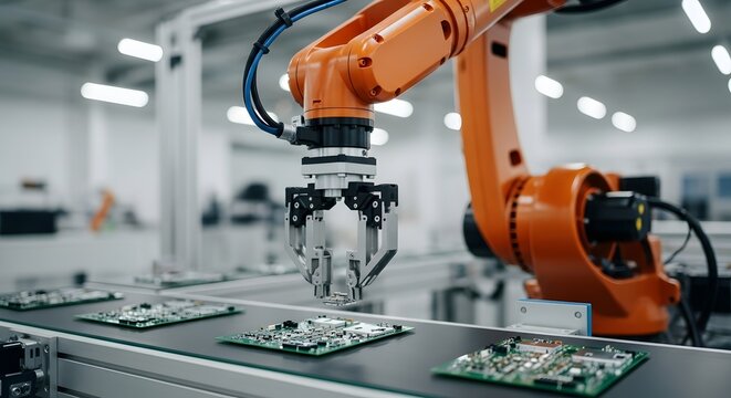 An industrial robotic arm precisely manipulates electronic circuit boards on a conveyor belt.