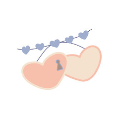Hand drawn two heart shaped padlocks with a keyhole hanging on a heart shaped garland. Colorful flat vector Love symbols holiday clipart. Valentine's Day concept. Isolated on white background