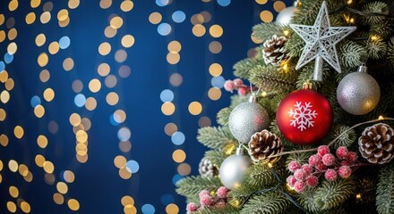 Decorated christmas tree with festive ornaments silver and red baubles star topper and bokeh lights on a deep blue background
