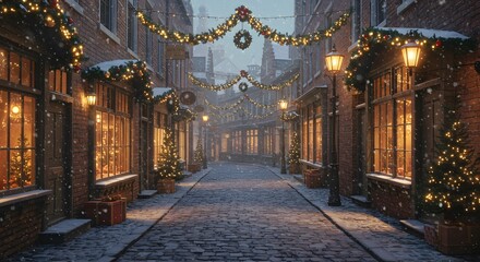 Festive Winter Street Scene - Christmas Decorations and Snowfall.