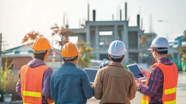 Construction Team Inspection: A team of construction professionals intently inspects a building project. The image highlights their expertise and attention to detail.