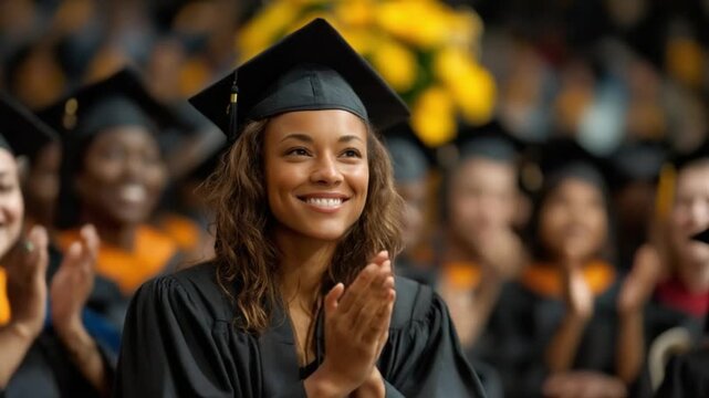Celebration of Achievement: A radiant graduate, adorned in cap and gown, beams with joy as she claps amidst a crowd of fellow graduates, symbolizing the culmination of years of dedication.