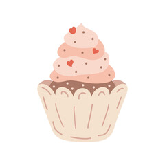 Hand drawn cute cupcake with cream and heart shapes sprinkles. Colorful flat vector Love symbols holiday clipart. Valentine's Day concept. Isolated on white background