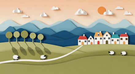 Pastel landscape mountain village house tree sheep cloud sun paper art peaceful whimsical scene with rolling hills and soft shadows
