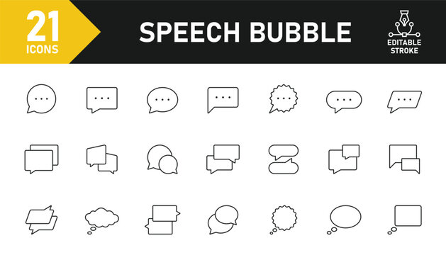 Speech bubble line icon set. Set of 21 outline icons related to speech, bubble, dialogue, message, chat, talk, comic and others. Editable stroke. Vector illustration.