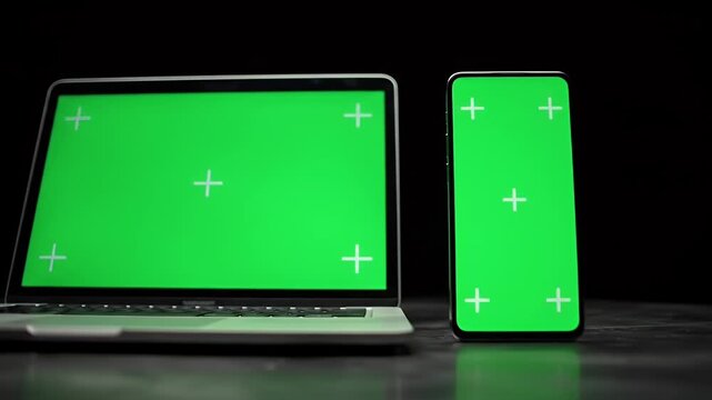 Modern Silver Laptop and Smartphone with Green Screen Displays on a Dark Wooden Table with Black Background