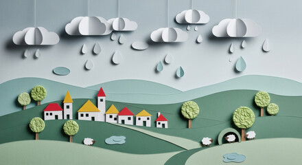 Paper art landscape village green hill tree cloud rain sheep whimsical colorful peaceful creative and playful scene with layered textures and soft colors