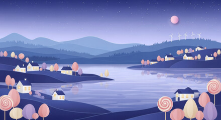 Pastel landscape serene lake rolling hills small houses glowing windows whimsical trees wind turbines night sky stars lollipop shapes peaceful mood. dreamy tranquil scene with soft colors