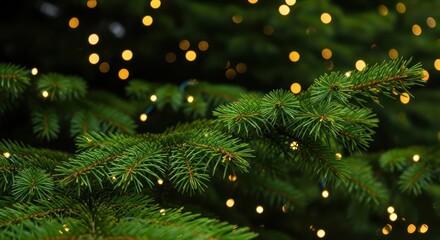 Close up of vibrant green fir tree branches with golden twinkling lights showcasing seasonal textures and a festive celebratory mood