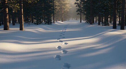 Footprints in the Snow on a Winding Forest Path at Sunrise.