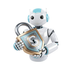 Naklejka premium Friendly robot guardian secures data with golden shield lock, ensuring digital safety and trust.