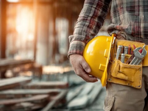 Construction Worker's Toolkit: A diligent construction worker stands proudly, his toolkit readily available, and a construction hard hat in hand.