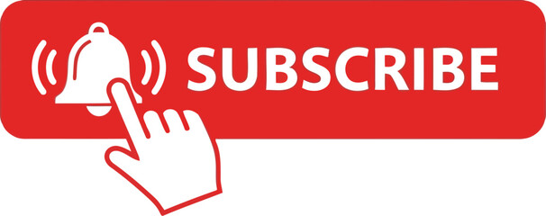 Hand clicking red subscribe button with notification bell icon engaging viewers for channel growth vector
