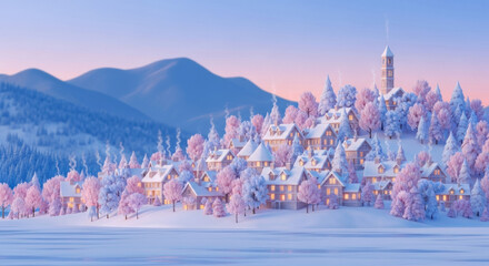 Snowy village winter landscape pink trees mountain background cozy houses warm lights serene peaceful sunset sky tranquil atmosphere create magical winter wonderland scene