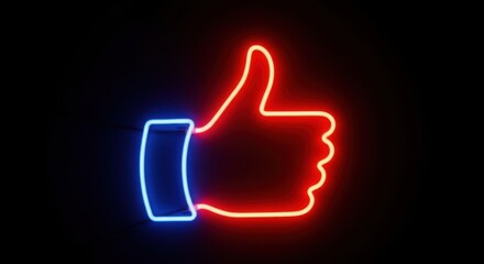 Bright neon thumbs up symbol glowing against a dark background