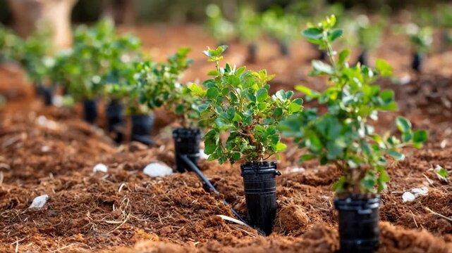 Side view of a buried drip irrigation setup with emitters hidden beneath soil promoting deep root hydration in nursery seedlings.