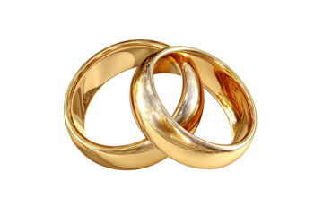 Two golden wedding bands linked, gleaming on a black backdrop