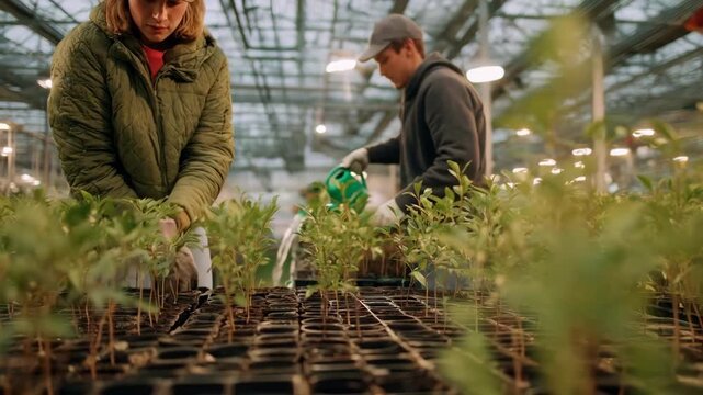 Footage of botanists measuring yieldfocused hybrid saplings in a greenhouse emphasizing data collection for agricultural productivity.