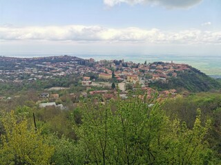 Obraz premium Hilltop town above green forest valley