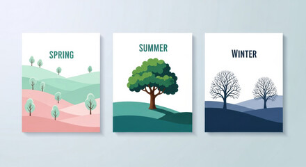 Spring summer winter landscape tree nature season illustration colorful outdoor scenery tranquil peaceful meadow field growth leafless vibrant serene