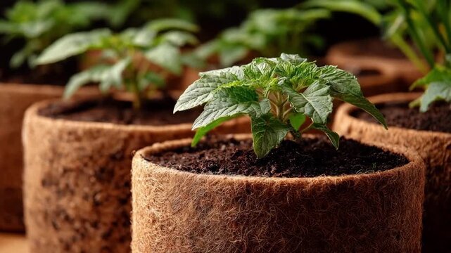 Closeup medium shot of coir planting pots emphasizing moisture retention and organic roots support.