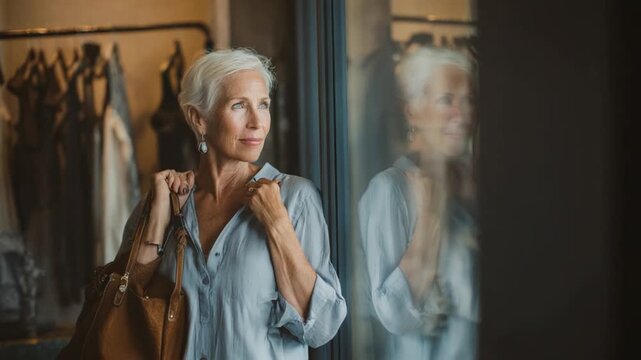 Stylish Senior's Solitude: An elegant senior woman with a platinum pixie cut pauses thoughtfully, her gaze turned towards a bright moment. In her embrace a luxury handbag. 