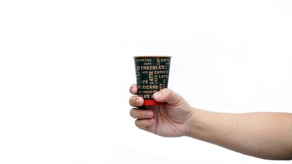 hand holding a coffee paper cup isolated on white background.