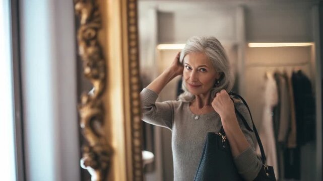 Elegant Reflection: A poised woman, with a timeless grace, stands before an ornate mirror, handbag in hand, embodying sophistication and an understated elegance.