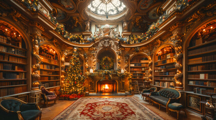 Obraz premium Royal Library Decorated for Christmas with Fireplace and Tree